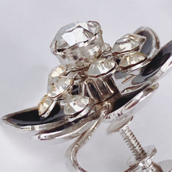 VTG Signed Coro Screw Back Earrings Black Enamel Rhinestone Mid Century - Picture 5 of 10